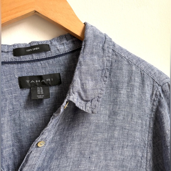 TAHARI 100% LINEN 2 tone BLUE color block chambray button down shirt size 1X - Picture 3 of 3